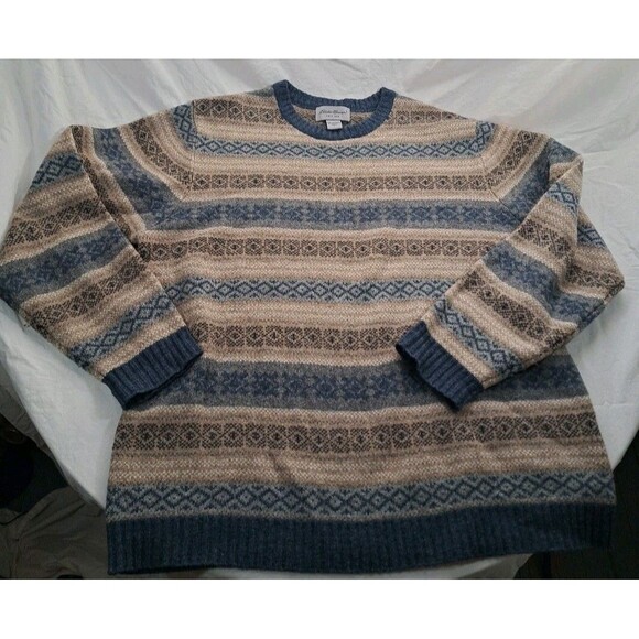 Eddie Bauer Lambs Wool Sweater Fair Aisle Blue Tan Geometric Nordic Crew Neck L - Picture 1 of 7